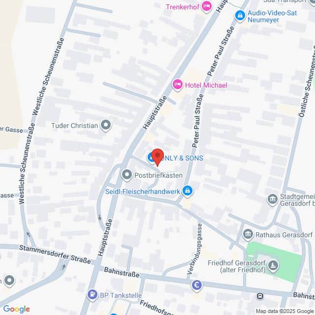 Lehrlingsportal.at Karte mit der Lage von ONLY & SONS in der Hauptstraße in Gerasdorf, Österreich, mit Markierung der umliegenden Straßen und lokalen Sehenswürdigkeiten.