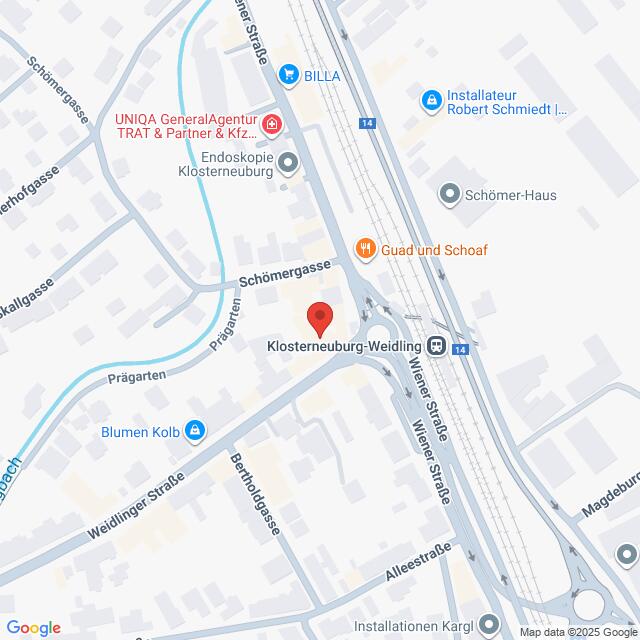 Lehrlingsportal.at Eine Karte, die die Lage von Klosterneuburg-Weidling zeigt, mit Beschriftung der nahegelegenen Straßen und lokalen Unternehmen.