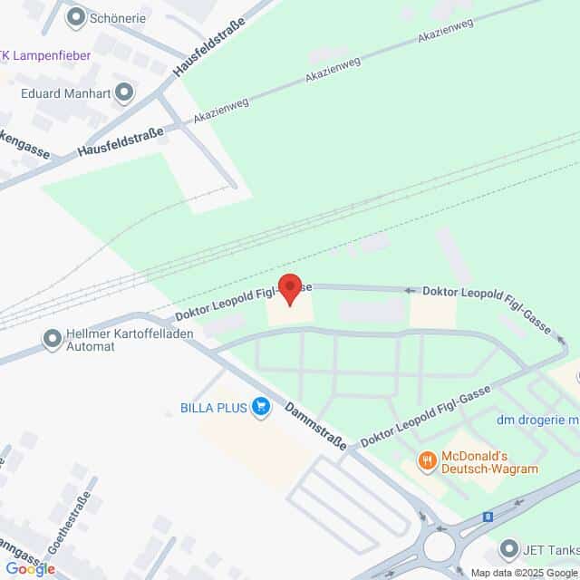 Lehrlingsportal.at Karte der Doktor Leopold Figl-Gasse in Deutsch-Wagram, Österreich, mit Markierung von nahe gelegenen Sehenswürdigkeiten wie BILLA PLUS und McDonald's.