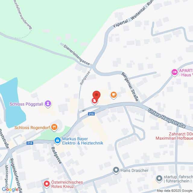 Lehrlingsportal.at Eine Kartenansicht mit Straßen, Sehenswürdigkeiten und Unternehmen in Pöggstall, Österreich, mit einer roten Standortnadel, die einen bestimmten Punkt in der Nähe von Schloss Rogendorf und Untere Hauptstraße markiert.