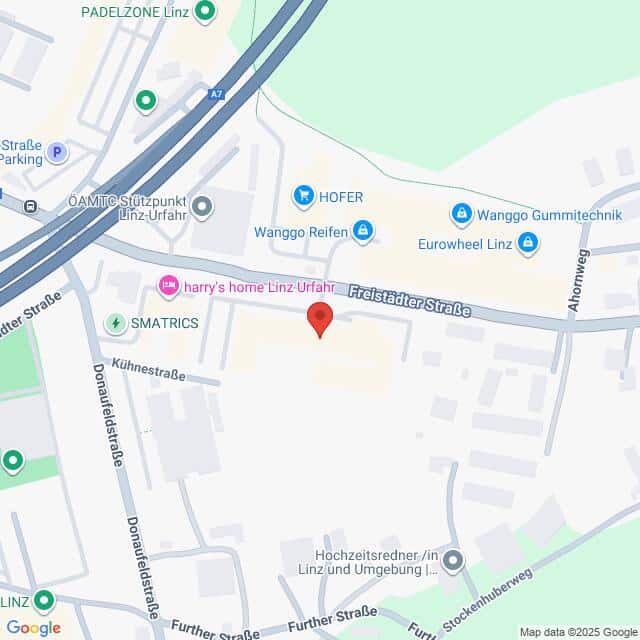 Lehrlingsportal.at Karte mit der Lage in der Nähe der Freistädter Straße in Linz, Österreich, mit Beschriftung der umliegenden Geschäfte und Straßen, einschließlich HOFER und harry's home Linz-Urfahr.