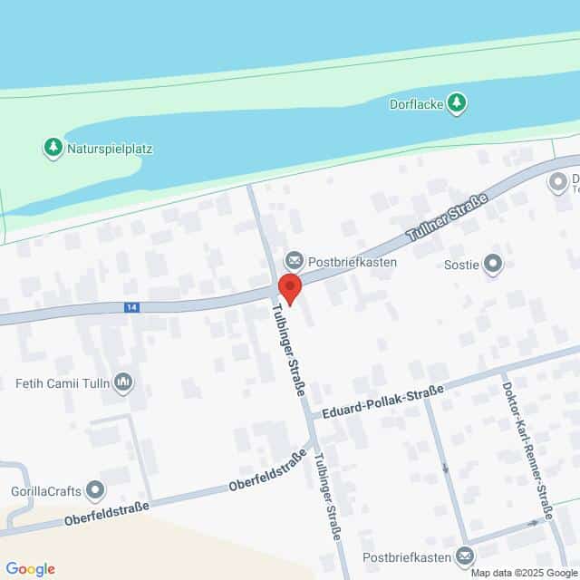 Lehrlingsportal.at Karte der Kreuzung von Tullner Straße und Oberfeldstraße in der Nähe der Donau in Tulln, Österreich, mit Beschriftung der umliegenden Sehenswürdigkeiten und Straßen.