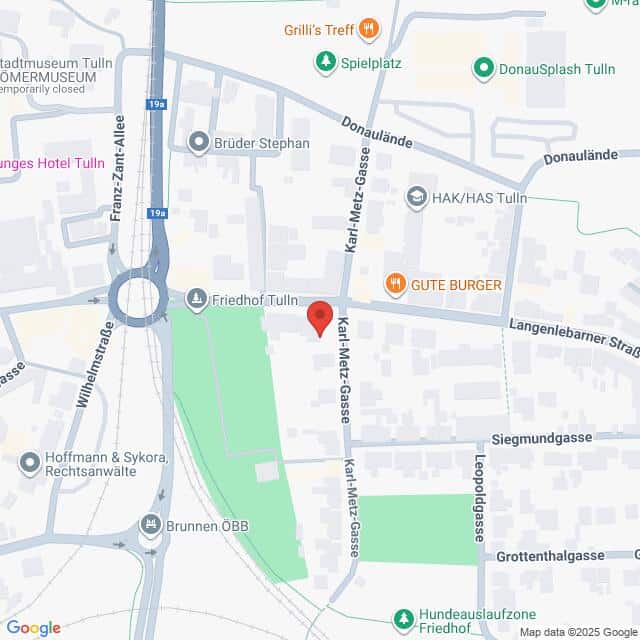 Lehrlingsportal.at Karte der Gegend um die Karl Metz Gasse in Tulln, Österreich, mit Beschriftung der nahegelegenen Straßen, Parks und lokalen Unternehmen.