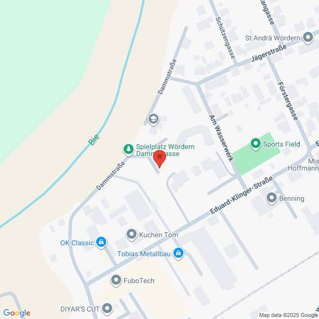 Lehrlingsportal.at Karte eines Teils von Wördern, Österreich, mit einer Markierung in der Dammstraße in der Nähe eines Spielplatzes und verschiedener Geschäfte, Straßen und einer nahe gelegenen Wasserstraße.