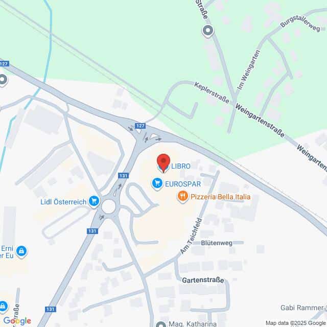Lehrlingsportal.at Die Karte zeigt die Lage von LIBRO, EUROSPAR und Pizzeria Bella Italia in der Nähe der Keplerstraße und der Weingartenstraße in einem städtischen Gebiet. Nahegelegene Straßen und Geschäfte sind eingezeichnet.