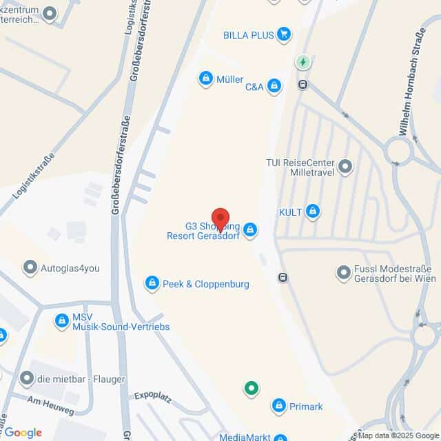 Lehrlingsportal.at Eine Karte zeigt die Lage des G3 Shopping Resort Gerasdorf, markiert durch eine rote Stecknadel, umgeben von mehreren Geschäften und Straßen.