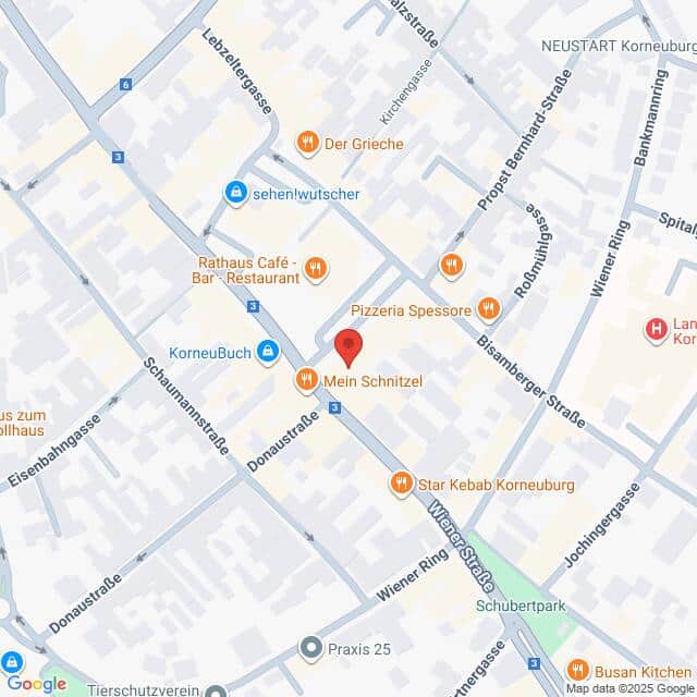 Lehrlingsportal.at Die Kartenansicht zeigt einen Ausschnitt von Korneuburg, Österreich, mit dem Restaurant Mein Schnitzel und nahegelegenen Geschäften, Straßen und Sehenswürdigkeiten.