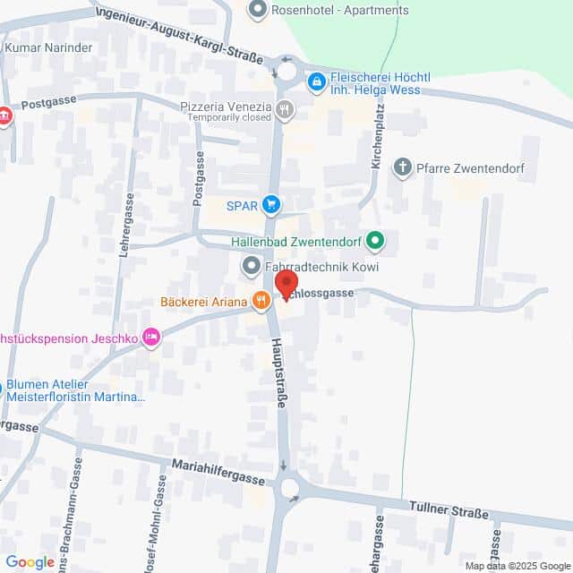 Lehrlingsportal.at Eine Karte mit Straßen und Geschäften in Zwentendorf, Österreich, auf der Orte wie SPAR, Bäckerei Ariana und Fahrradtechnik Kowi markiert sind.