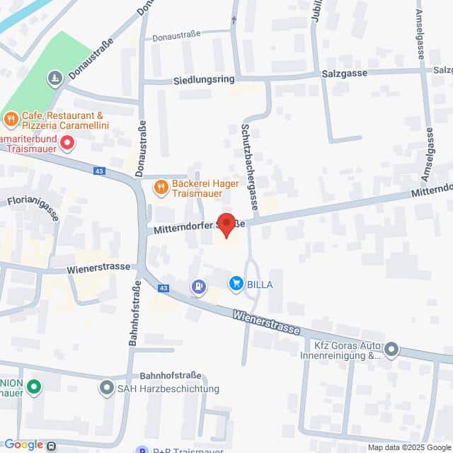 Lehrlingsportal.at Ein digitaler Stadtplan, der die Schützstraße und die umliegenden Straßen in Traismauer, Österreich, zeigt, mit einem roten Standortpin in der Nähe der Mittendorferstraße und der Wienerstraße.