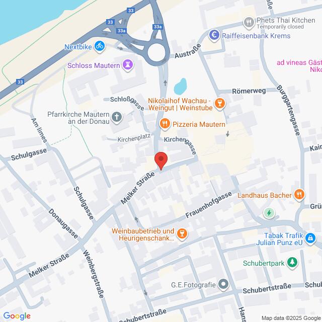 Lehrlingsportal.at Karte mit zentraler Lage in der Melker Straße in Mautern an der Donau, Österreich, mit Beschriftung der umliegenden Straßen, Geschäfte und Sehenswürdigkeiten.