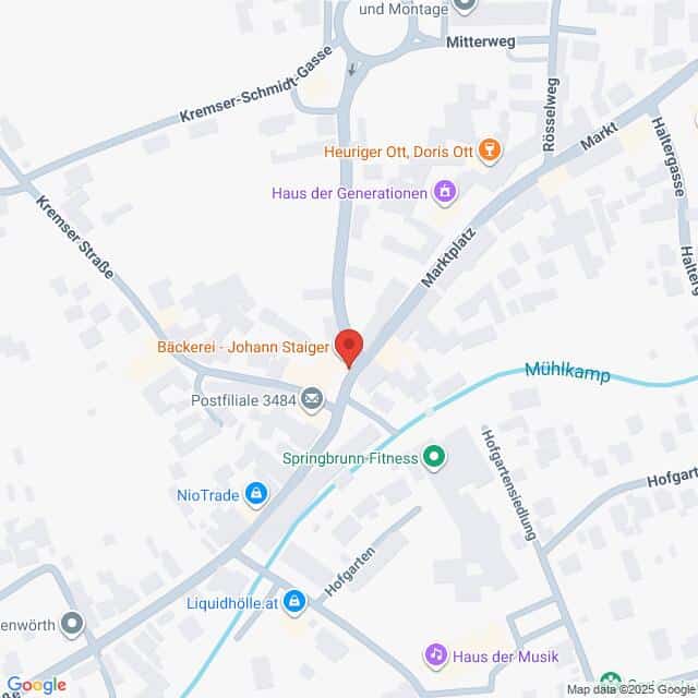 Lehrlingsportal.at Karte mit der Lage der Bäckerei - Johann Staiger in der Nähe des Marktplatzes, mit Beschriftung der umliegenden Geschäfte und Straßennamen.