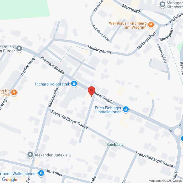 Lehrlingsportal.at Eine Karte, die das Gebiet um die Kremser Straße in Kirchberg am Wagram, Österreich, zeigt, mit Beschriftung der umliegenden Geschäfte und Straßen.