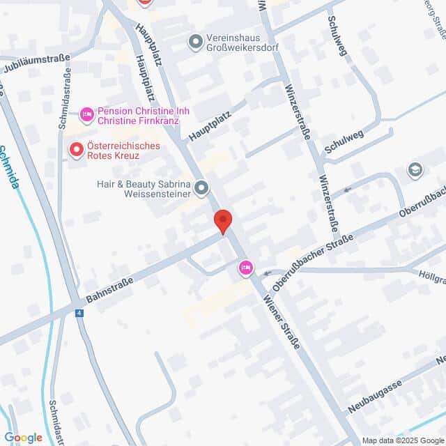 Lehrlingsportal.at Eine Straßenkarte mit dem Mittelpunkt Bahnstraße und Wiener Straße in Großweikersdorf, Österreich, mit nahegelegenen Unternehmen und Sehenswürdigkeiten.