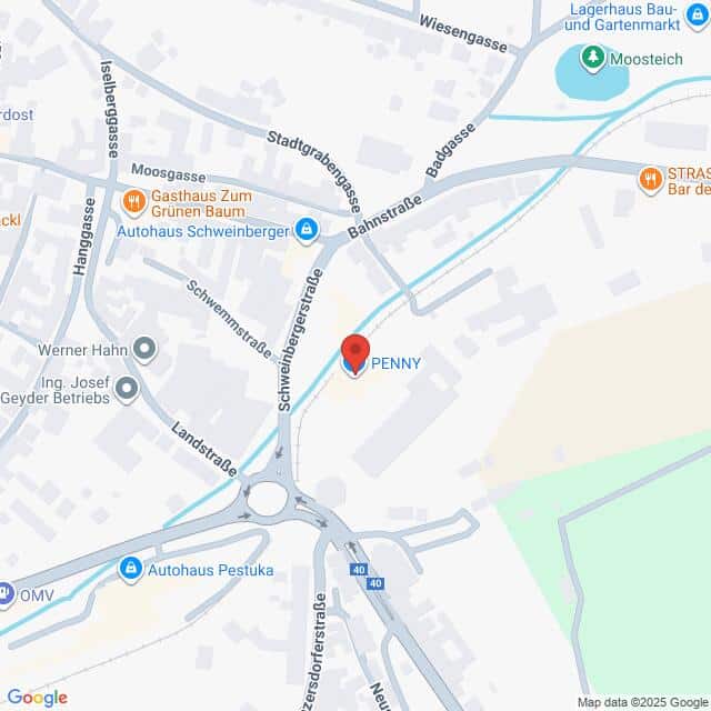 Lehrlingsportal.at Karte, die den Standort einer PENNY-Filiale an der Kreuzung Schweinbergerstraße/Landstraße in einer Stadt zeigt, wobei nahe gelegene Straßen und Sehenswürdigkeiten eingezeichnet sind.