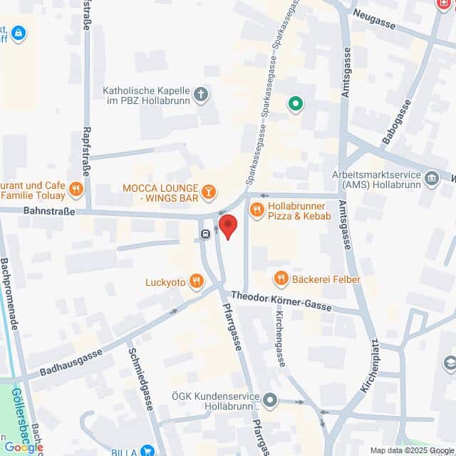 Lehrlingsportal.at Karte eines Teils von Hollabrunn, Österreich, mit verschiedenen Straßen, Geschäften und Sehenswürdigkeiten, darunter MOCCA LOUNGE WINGS BAR und Hollabrunner Pizza & Kebab.