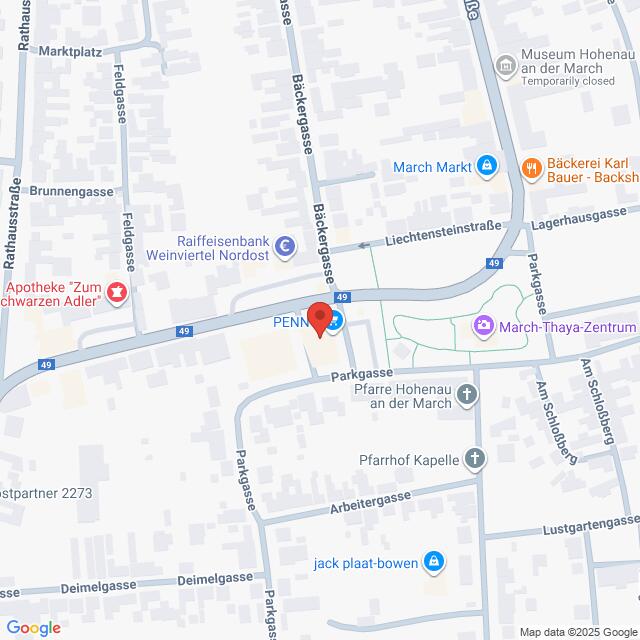 Lehrlingsportal.at Eine Karte, die einen Teil von Hohenau an der March, Österreich, zeigt, mit eingezeichneten Sehenswürdigkeiten, Straßen und Geschäften, einschließlich einer hervorgehobenen Stelle in der Nähe des PENNY-Marktes.
