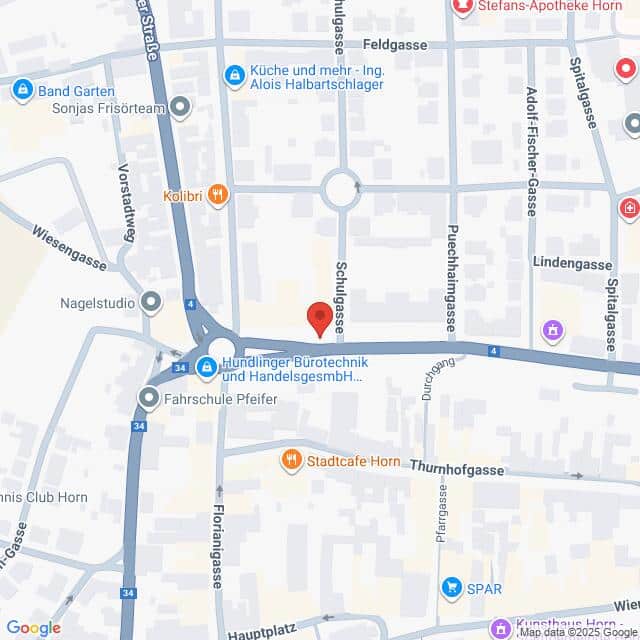 Lehrlingsportal.at Eine Karte, die die Kreuzung von Schulgasse, Pluckthangasse und nahe gelegenen Straßen in Horn, Österreich, zeigt, mit verschiedenen lokalen Geschäften und Sehenswürdigkeiten.