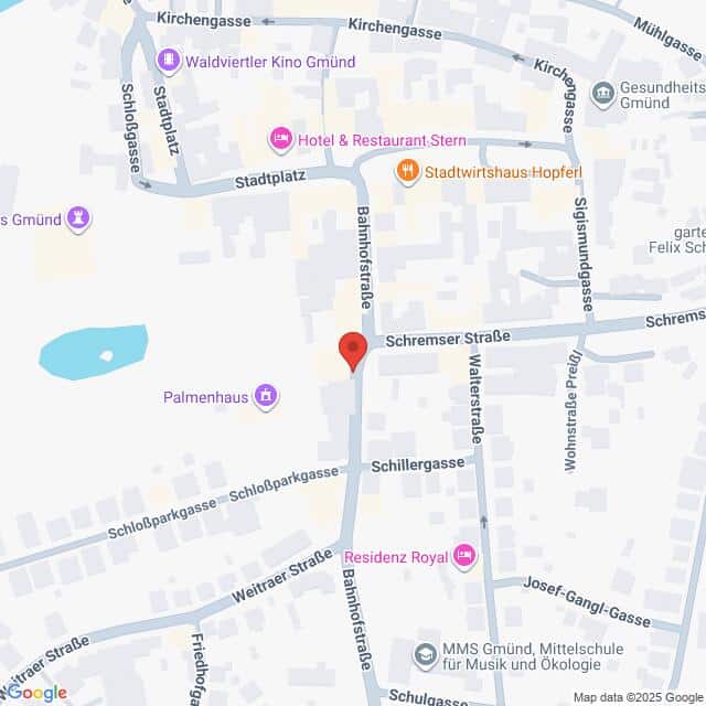 Lehrlingsportal.at Karte der Kreuzung von Schremser Straße und Bahnhofstraße in Gmünd, Österreich, mit Beschriftung der umliegenden Orte und Straßen.