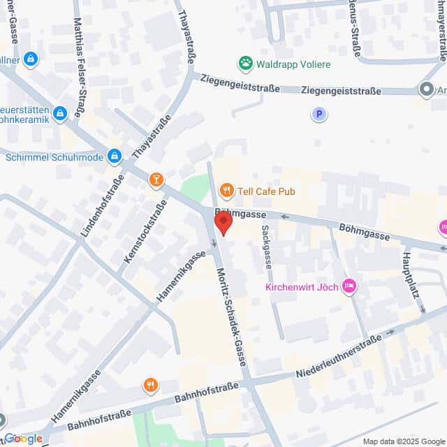 Lehrlingsportal.at Die Karte zeigt die Kreuzung der Böhm-Gasse, Moritz-Schadek-Gasse und Kermisgasse in einem Stadtzentrum, mit mehreren nahe gelegenen Geschäften und beschrifteten Straßen.