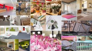 Lehrlingsportal.at Eine Collage, die die Etappen des Entwurfs, der Herstellung und der Verlegung umweltfreundlicher Teppiche zeigt, einschließlich Rohstoffen, Pflanzenmotiven, Innenräumen und Menschen, die mit Textilien arbeiten.