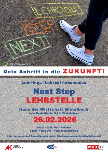 Lehrlingsportal.at Plakat für eine Lehrlingsmesse mit Füßen auf einer Treppe, beschriftet mit "Lehrstelle", "Step" und "Next", mit Veranstaltungshinweis für den 26.02.2026 im Haus der Wirtschaft Mistelbach.