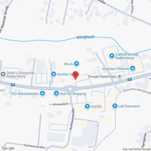 Lehrlingsportal.at Eine Karte, die einen Ausschnitt von Radkersburg, Österreich, zeigt, mit eingezeichneten Sehenswürdigkeiten wie BILLA, HOFER, TEDi Warenhandels und EUROSPAR, sowie lokalen Straßen und Wasserwegen.