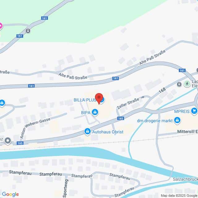 Lehrlingsportal.at Karte mit der Lage von BILLA PLUS, BIPA und Autohaus Obrist in Mittersill, Österreich, nahe der Kreuzung Zeller Straße und Anton-Webern-Gasse.