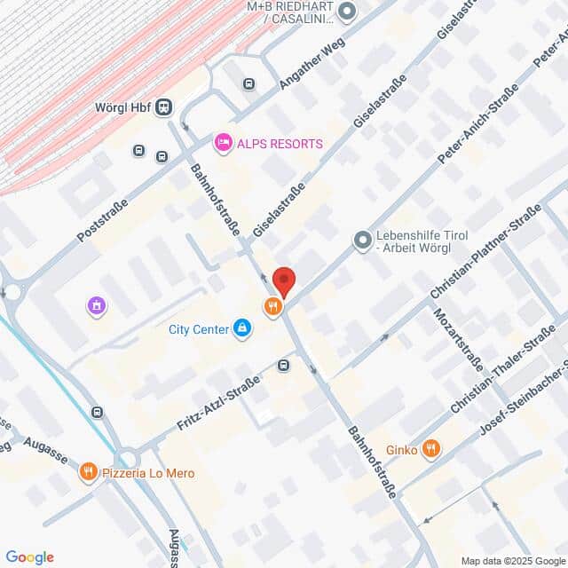 Lehrlingsportal.at Karte mit einem Ausschnitt von Wörgl, Österreich, einschließlich Bahnhofstraße, Fritz-Atzl-Straße und Sehenswürdigkeiten wie City Center und Pizzeria Lo Mero.