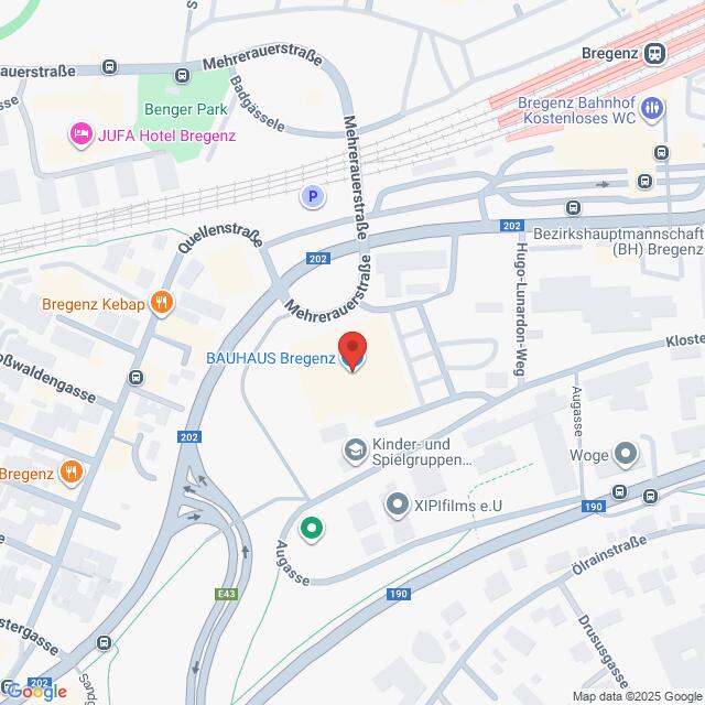 Lehrlingsportal.at Kartenansicht eines Ausschnitts von Bregenz, Österreich, mit Hervorhebung des BAUHAUS Bregenz und Beschriftung der umliegenden Straßen, Unternehmen und Sehenswürdigkeiten.