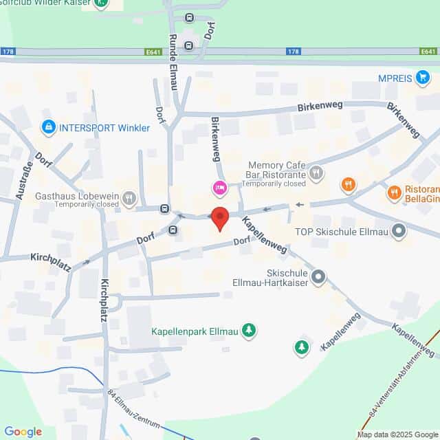 Lehrlingsportal.at Karte eines zentralen Ortes in Ellmau, Österreich, mit Beschriftung der umliegenden Straßen, Geschäfte und Sehenswürdigkeiten, einschließlich Dorf, Kapellenweg und Birkenweg.