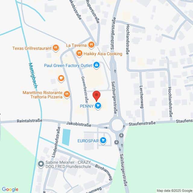 Lehrlingsportal.at Karte, die einen Abschnitt der Staufenstraße in Deutschland zeigt, mit Sehenswürdigkeiten wie Restaurants, Geschäften wie PENNY und EUROSPAR und mehreren Wohnstraßen.