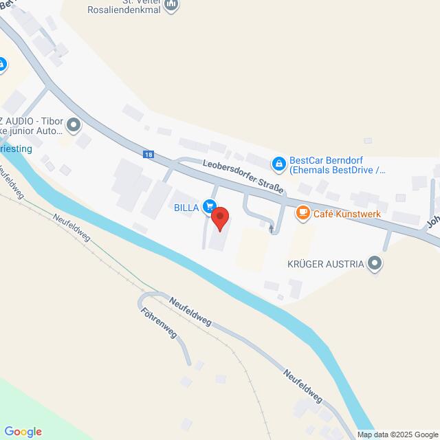 Lehrlingsportal.at Eine Karte, die einen Abschnitt der Leobersdorfer Straße in Berndorf, Österreich, zeigt und Orte wie das BILLA, das Café Kunstwerk und einen nahe gelegenen Fluss hervorhebt.