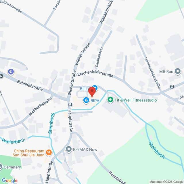 Lehrlingsportal.at Die Karte zeigt einen Ausschnitt von Wiener Neustadt, Österreich, mit den Geschäften BILLA und BIPA, Fit & Well Fitnessstudio und nahe gelegenen Straßen wie Wallbachstraße und Lerchenfelderstraße.