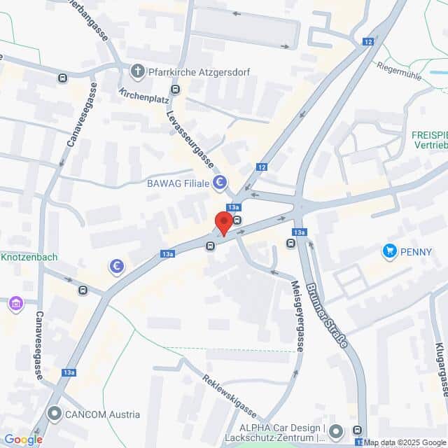 Lehrlingsportal.at Eine Karte mit Straßennamen, Geschäften und Sehenswürdigkeiten in einem zentralen Gebiet mit einer roten Standortnadel, die eine Kreuzung in der Nähe der BAWAG Filiale in Atzgersdorf, Österreich, markiert.