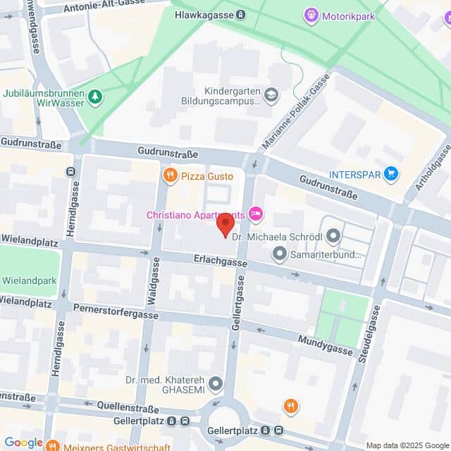 Lehrlingsportal.at Digitaler Stadtplan mit beschrifteten Straßen, Geschäften, Arztpraxen, Parks und einem markierten Standort in der Nähe der Erlachgasse und der Gudrunstraße.