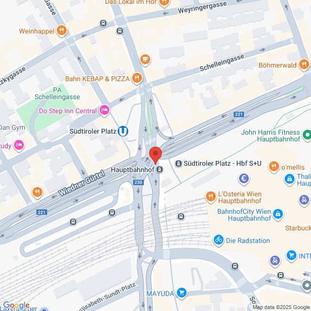 Lehrlingsportal.at Eine Karte, die die Umgebung der Station Südtiroler Platz - Hauptbahnhof in Wien zeigt und die nahegelegenen Straßen, Geschäfte und öffentlichen Verkehrsverbindungen hervorhebt.