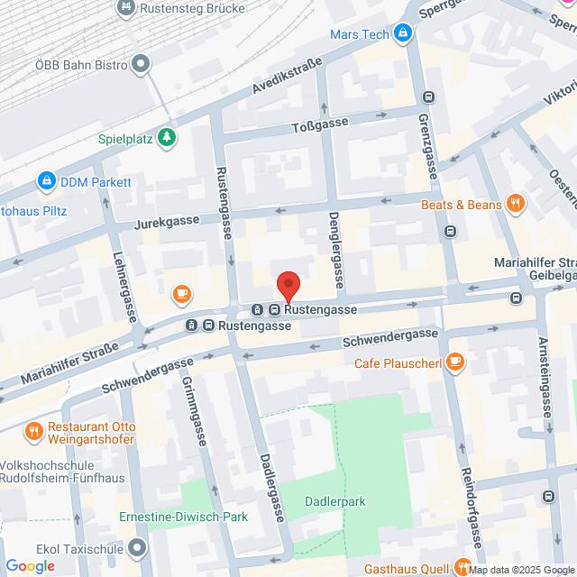 Lehrlingsportal.at Karte der Kreuzung von Rustengasse und Schwendergasse in Wien, Österreich, mit Beschriftung der umliegenden Straßen und Sehenswürdigkeiten.