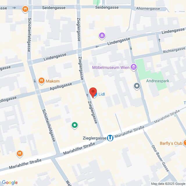 Lehrlingsportal.at Eine Karte, die den Standort einer Lidl-Filiale in der Zieglergasse in Wien, Österreich, zeigt, mit Markierung der umliegenden Straßen und Sehenswürdigkeiten.