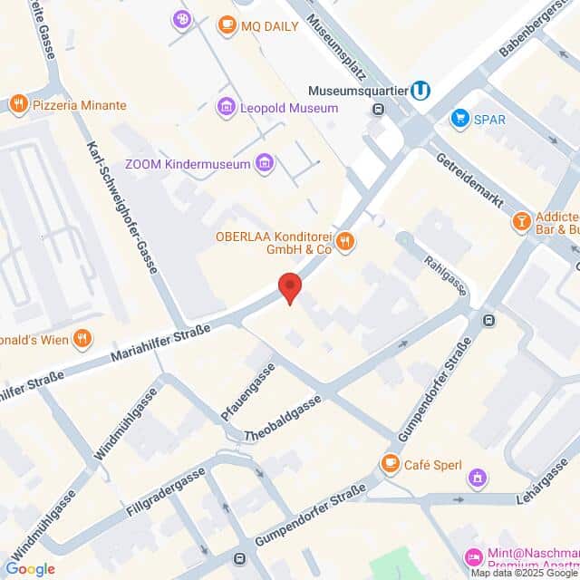 Lehrlingsportal.at Karte mit der Kreuzung Mariahilfer Straße und mehreren nahe gelegenen Straßen in Wien, Österreich, mit Markierungen für Restaurants, Museen und Geschäfte.