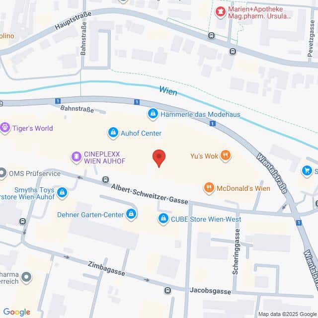 Lehrlingsportal.at Eine Karte, die einen Abschnitt von Wien zeigt, auf dem verschiedene Geschäfte eingezeichnet sind, darunter Cineplexx Wien Auhof, McDonald's, Yu's Wok und Marien+Apotheke. Straßen und Standorte sind angegeben.