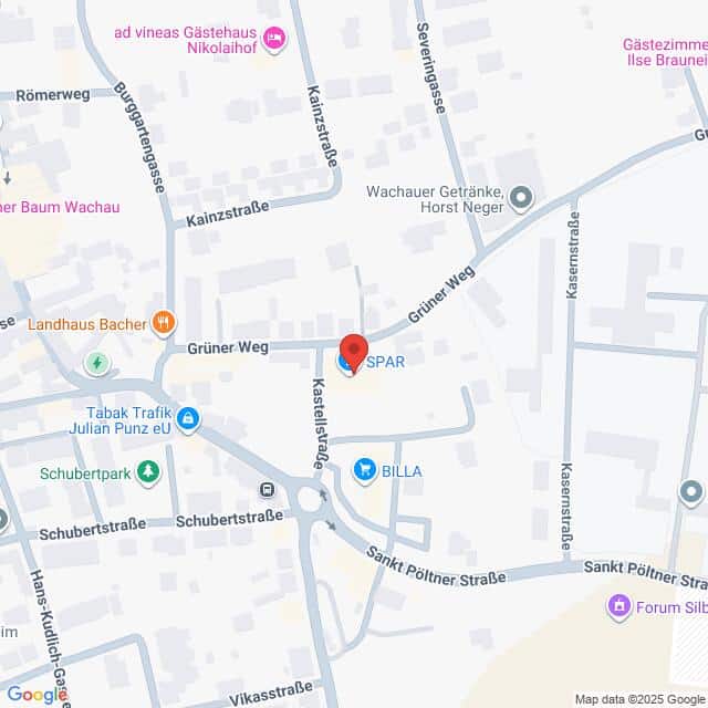 Lehrlingsportal.at Eine Karte, die den Standort eines SPAR-Lebensmittelmarktes am Grünen Weg, in der Nähe der Kaserngasse und der Sankt Pöltner Straße in einer Stadt mit nahe gelegenen Geschäften und Einrichtungen zeigt.