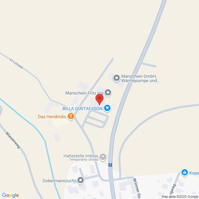 Lehrlingsportal.at Eine Kartenansicht mit mehreren Unternehmen und Sehenswürdigkeiten, darunter BILLA GUSTAFSSON, Manschein Fritz Ing und Das Hendricks, in der Nähe einer Hauptstraße und von Seitenstraßen.