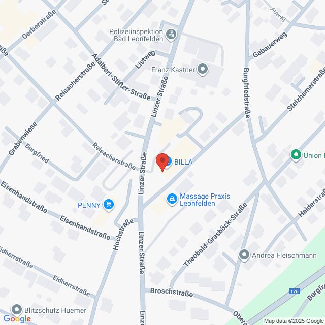 Lehrlingsportal.at Karte mit einem Ausschnitt von Bad Leonfelden, Österreich, mit Hervorhebung von Orten wie BILLA, PENNY, Massagepraxis Leonfelden, und nahegelegenen Straßen und Geschäften.