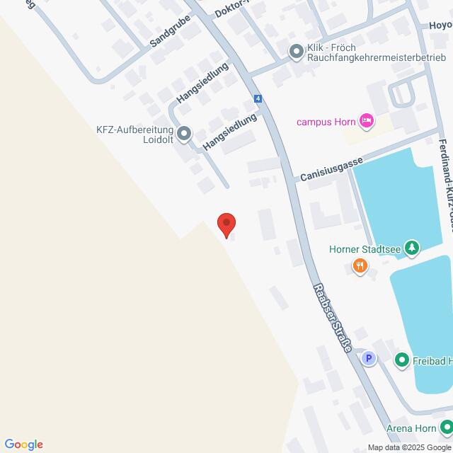 Lehrlingsportal.at Die Karte zeigt einen mit einer roten Stecknadel markierten Ort in der Nähe der Hangäckerstraße und der Badgasse Straße in Horn, Österreich, mit nahegelegenen Merkmalen wie einem See und lokalen Unternehmen.