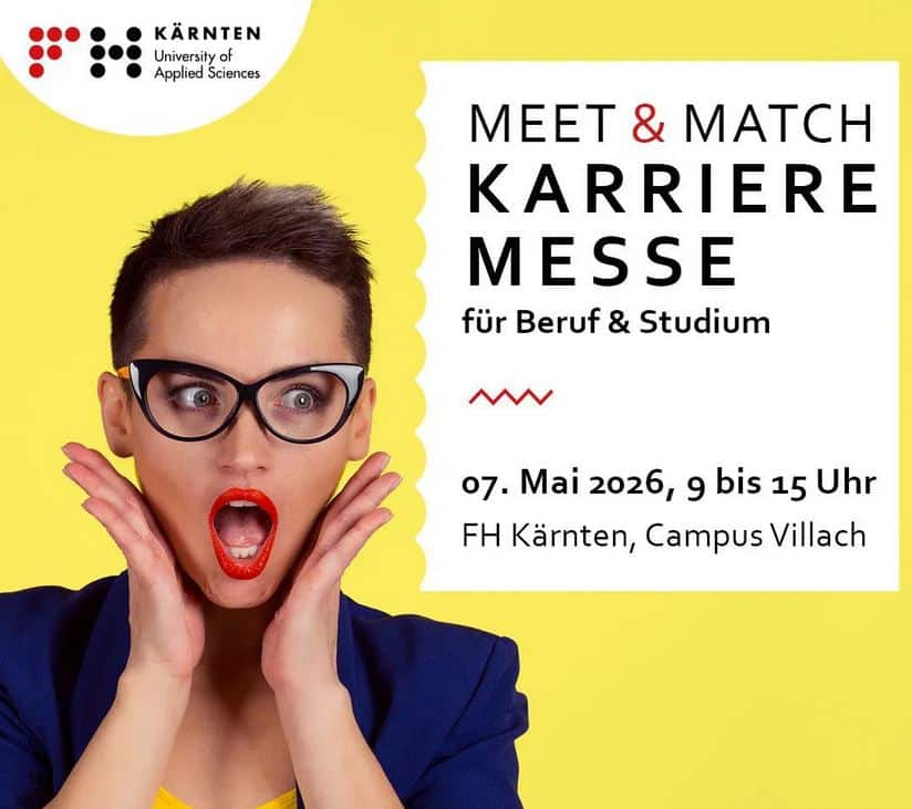 Lehrlingsportal.at Eine überraschte Person mit kurzen Haaren und Brille auf gelbem Hintergrund; Text wirbt für eine Karrieremesse am 7. Mai 2026 an der FH Kärnten, Campus Villach.