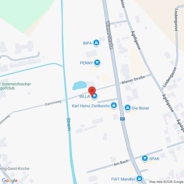 Lehrlingsportal.at Karte mit der Lage des BILLA-Supermarkts am Dammweg in der Nähe der Wiener Straße in einer Kleinstadt, mit Beschriftung der umliegenden Geschäfte und Straßen.
