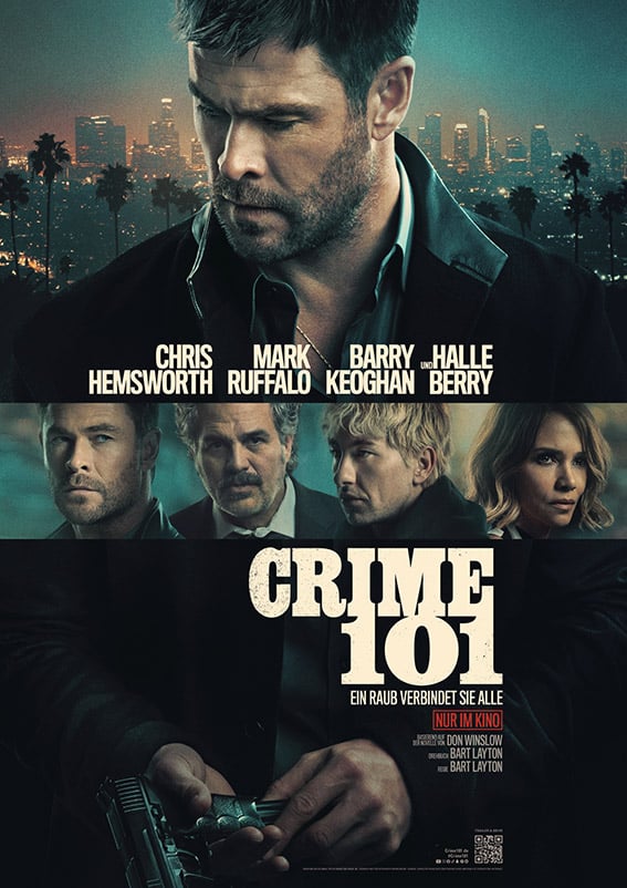 Lehrlingsportal.at Filmplakat für "Crime 101" mit den Schauspielern Chris Hemsworth, Mark Ruffalo, Barry Keoghan und Halle Berry, mit einer Stadtsilhouette und Figuren, die Waffen in einem ernsten Ton halten.