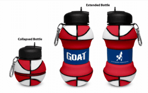 Lehrlingsportal.at Es werden drei Flaschen mit dem Thema Basketball gezeigt: eine zusammengeklappte, eine erweiterte mit einem "GOAT"-Etikett und eine erweiterte mit einer Grafik eines Basketballspielers und einem Slogan.