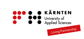 Lehrlingsportal.at Logo der Fachhochschule Kärnten mit roten und schwarzen Punktmustern und dem Slogan "Living Partnership" auf einem roten Banner.