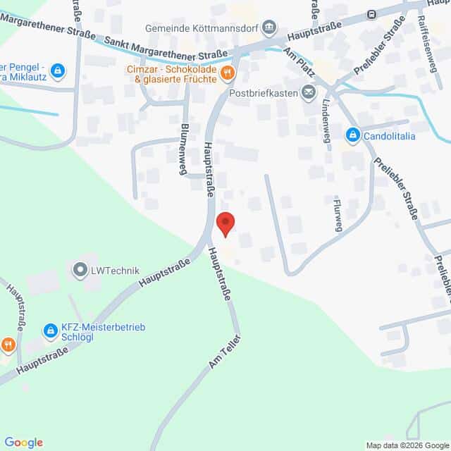 Lehrlingsportal.at Karte eines Abschnitts der Hauptstraße in Köttmannsdorf, Österreich, mit Markierung der umliegenden Geschäfte und Straßen. Eine rote Markierung kennzeichnet einen bestimmten Ort in der Hauptstraße.